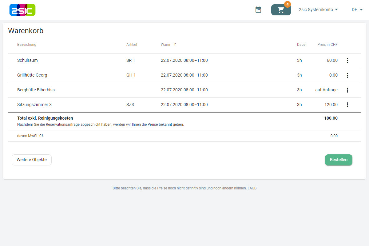 Reservation im Warenkorb